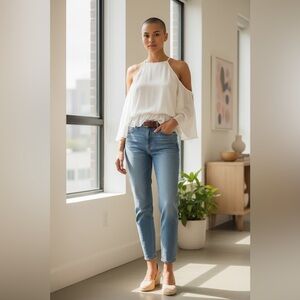 Delacy White Cold Shoulder Bell Sleeve Blouse Size M